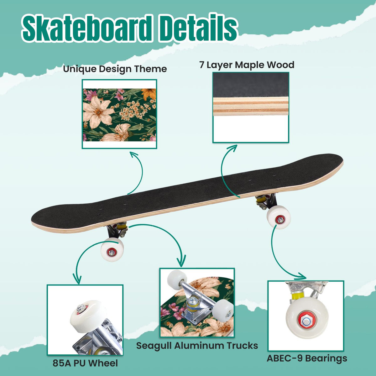 Vintage Movie Theater Classic Cinema 31" x 8" Complete Skateboard, 7-Ply Canadian Maple Double Kick Trick Board for Kids and Beginners Adult Gifts