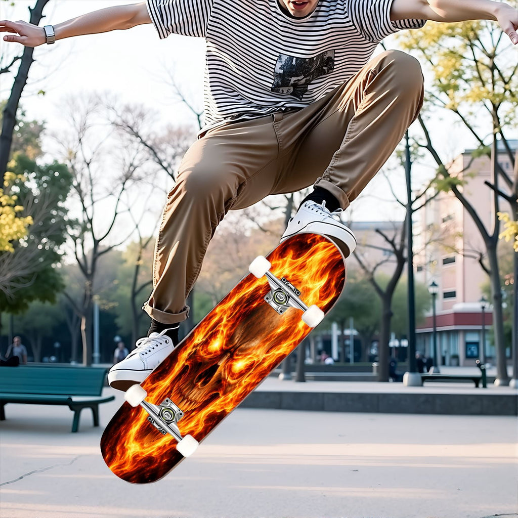 31"x8" Flaming Skull fire Complete Skateboard for Beginners Glowing Eyes Fire Skeleton Dark 7 Layer Maple Deck Double Kick Kids Skateboard with 85A PU Wheels Gifts for Kids Teens