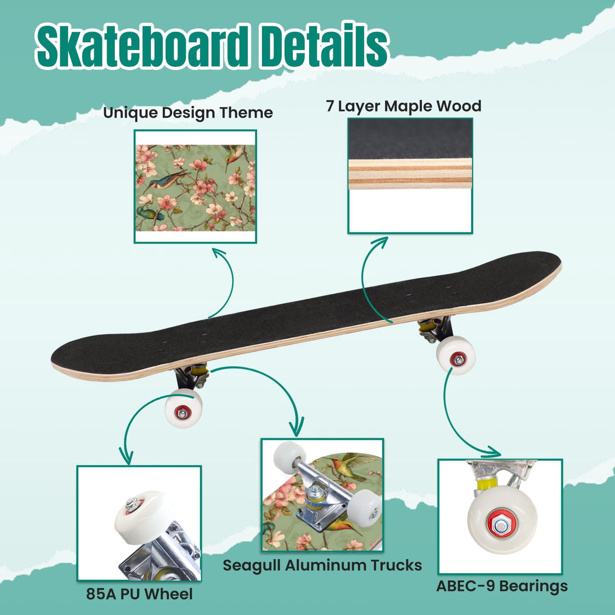 Vintage Movie Theater Classic Cinema 31" x 8" Complete Skateboard, 7-Ply Canadian Maple Double Kick Trick Board for Kids and Beginners Adult Gifts