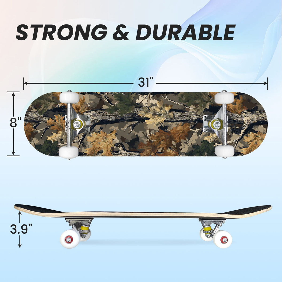 31"x8" Complete Skateboards for Beginners,Abstract Natural Earthy Tones Brush Strokes Camouflage Double Kick 7 Ply Canadian Maple Deck Skateboard with Wheels, Gifts for Kids Teens