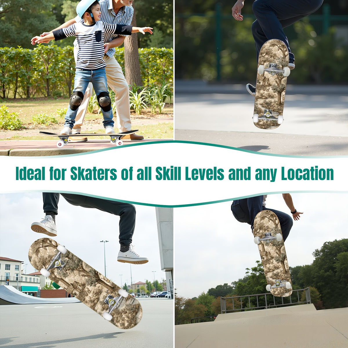 31"x8" Complete Skateboards for Beginners, Vintage Forest Woodland Large Trees Leaves River Cottage Double Kick 7 Ply Canadian Maple Deck Skateboard with Wheels, Gifts for Kids Teens