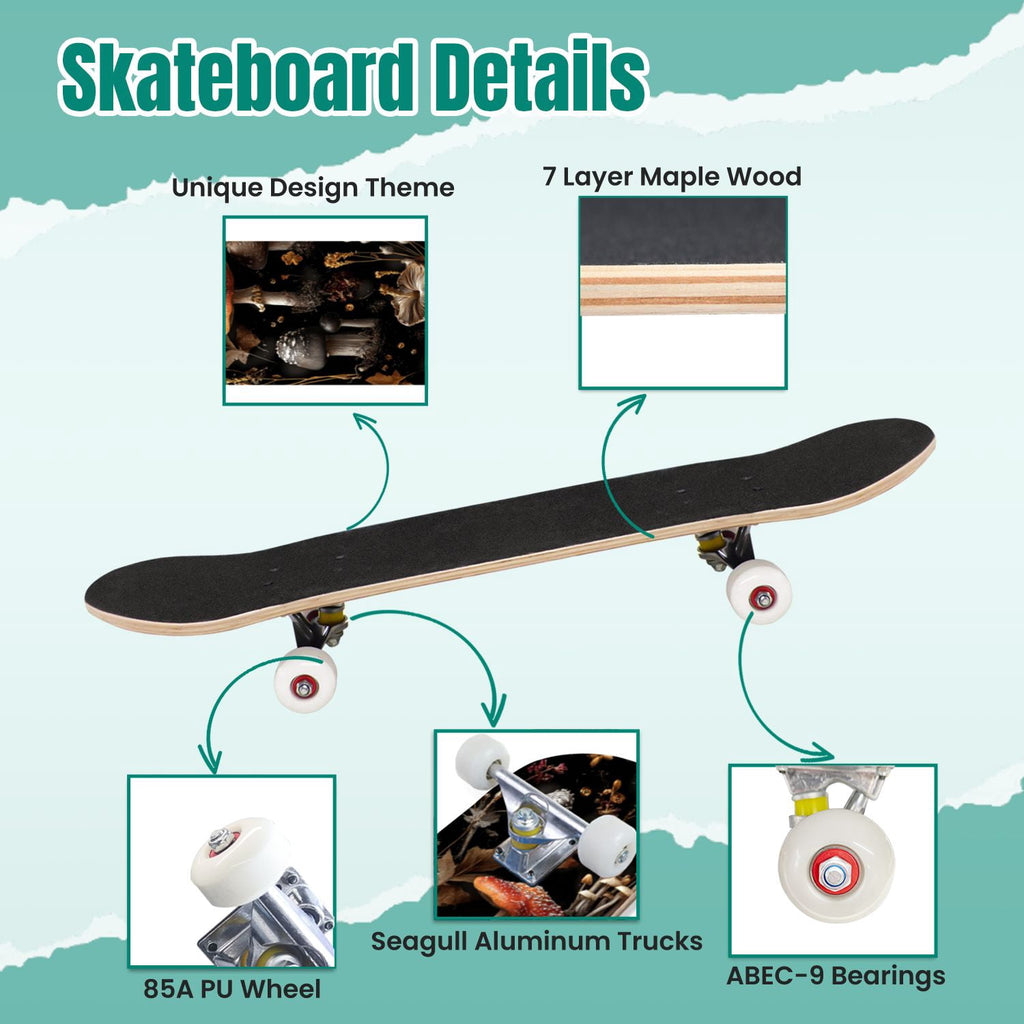 Vintage Damask Light Blue Brown Tones 31" x 8" Complete Skateboard, 7-Ply Canadian Maple Double Kick Trick Board for Kids and Beginners Adult Gifts