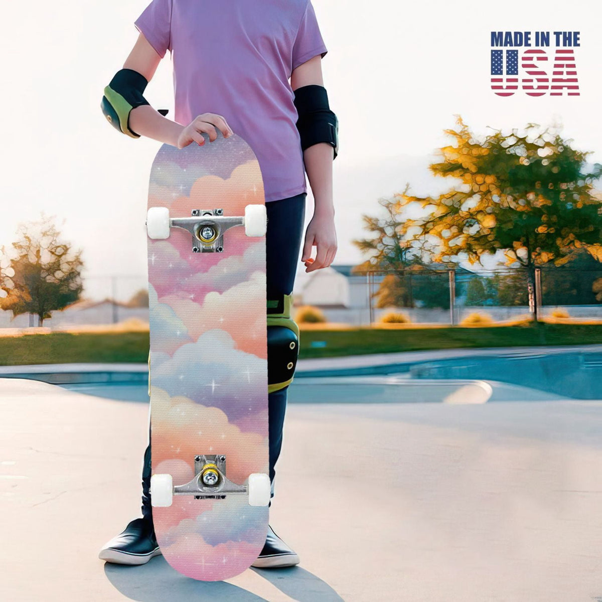 31"x8" Complete Skateboards for Beginners, Pastel Clouds Sparkles Dreamy Gradient Sky Summer Decor Double Kick 7 Ply Canadian Maple Deck Skateboard with Wheels, Gifts for Kids Teens