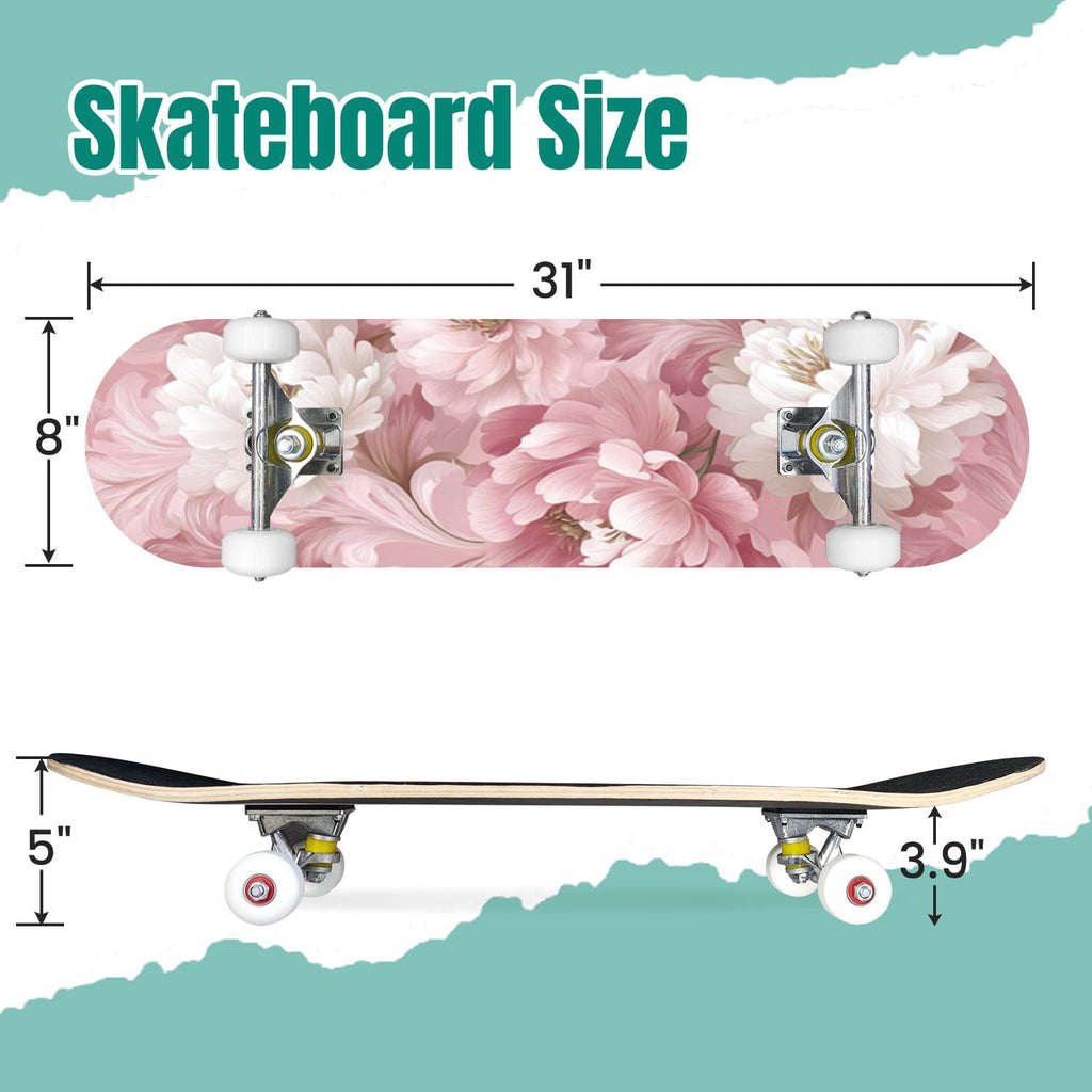 Dark Floral Wildflower Pink Yellow Blue Blooms 31" x 8" Complete Skateboard, 7-Ply Canadian Maple Double Kick Trick Board for Kids and Beginners Adult Gifts