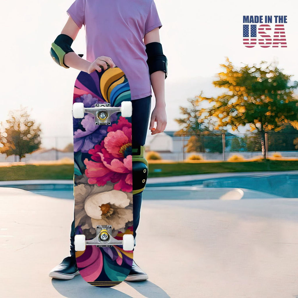 31"x8" Complete Skateboards for Beginners, Turquoise Flowers Teal Daisy Flower Butterfly Blue Romantic Double Kick 7 Ply Canadian Maple Deck Skateboard with Wheels, Gifts for Kids Teens