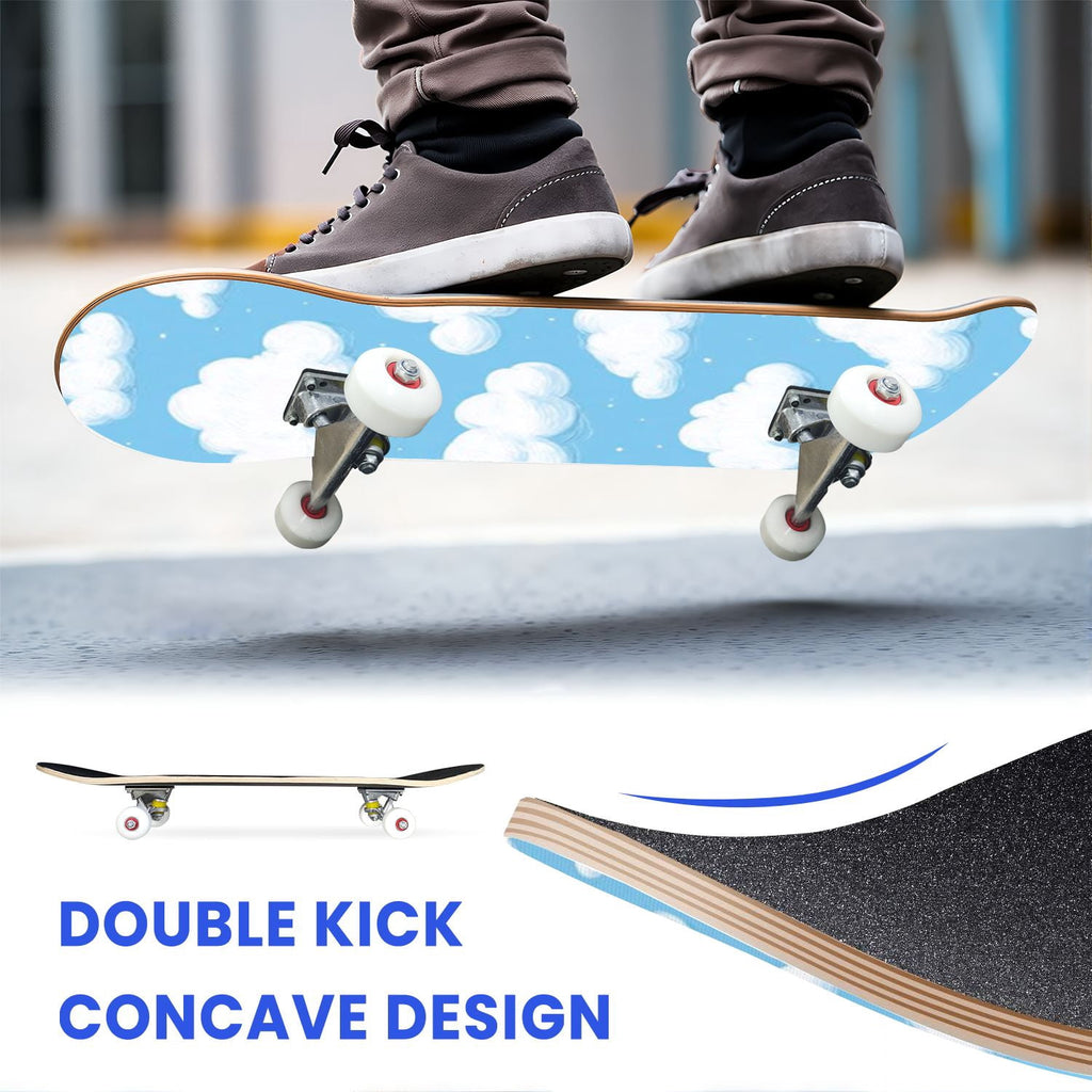 31"x8" Complete Skateboards for Beginners, Cute Light Blue Sky Cartoon Summer Decor Double Kick 7 Ply Canadian Maple Deck Skateboard with Wheels, Gifts for Kids Teens