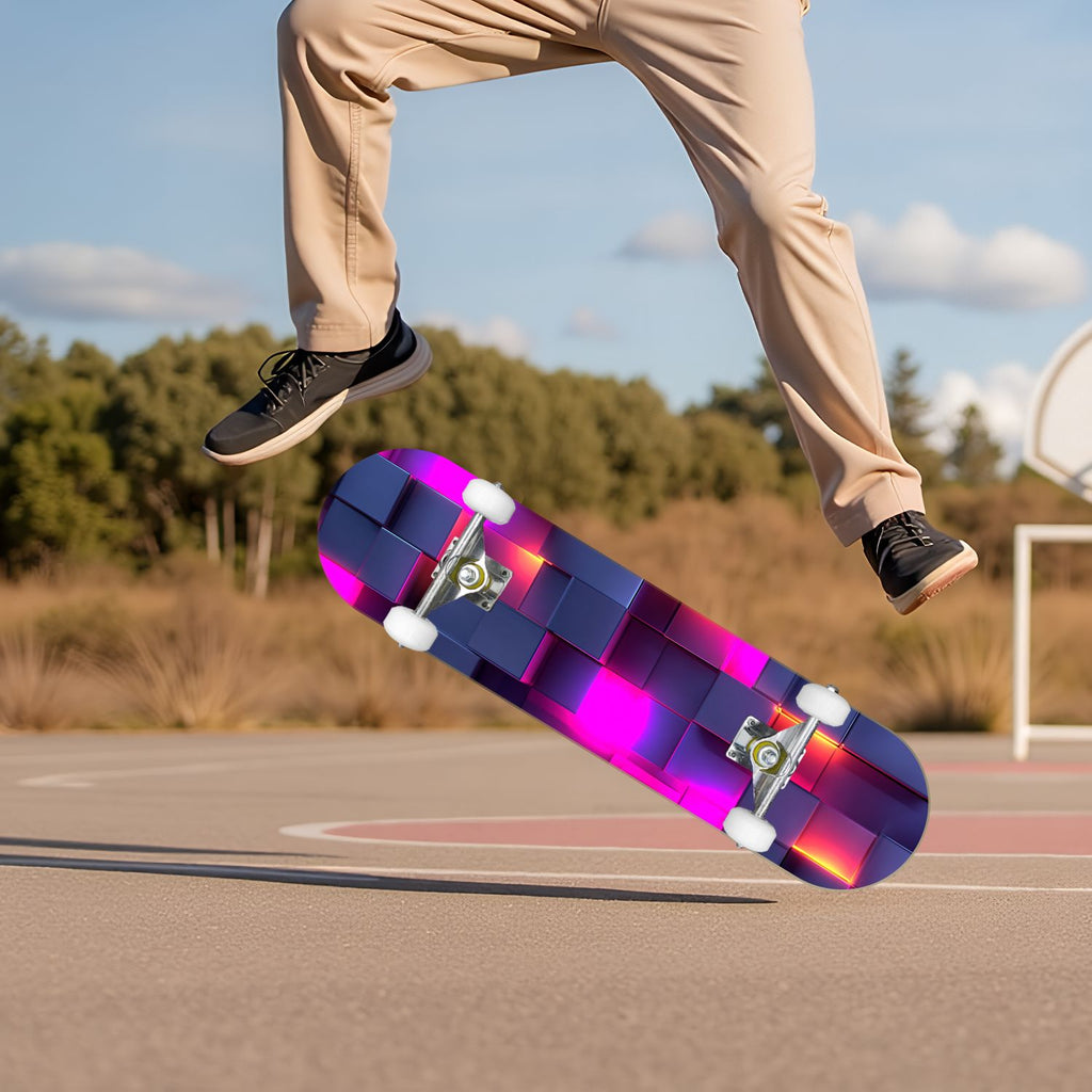 Glowing Futuristic Cubic Tunnel Metallic Tiles Bright Light 31" x 8" Complete Skateboard, 7-Ply Canadian Maple Double Kick Trick Board for Kids and Beginners Adult Gifts