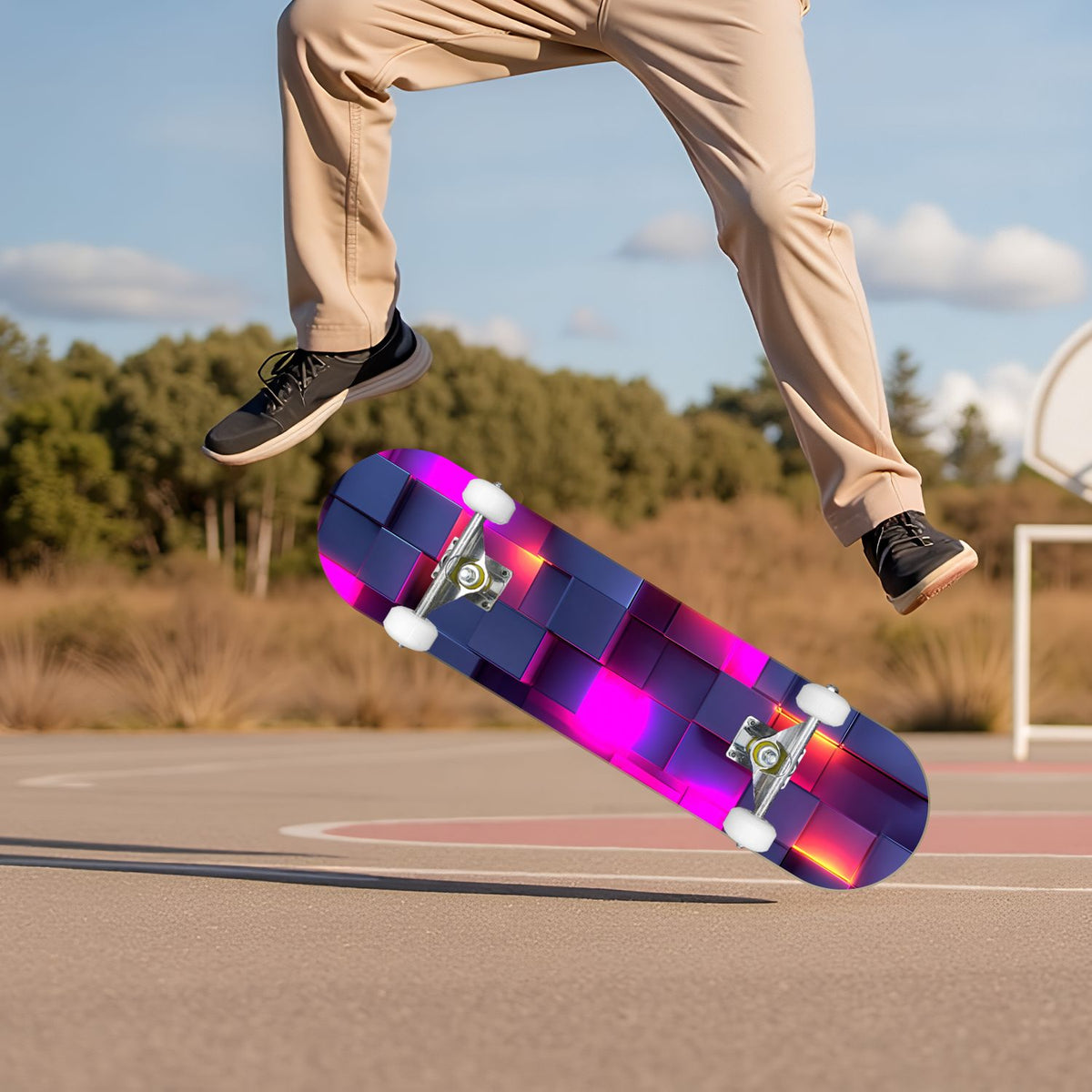 Glowing Futuristic Cubic Tunnel Metallic Tiles Bright Light 31" x 8" Complete Skateboard, 7-Ply Canadian Maple Double Kick Trick Board for Kids and Beginners Adult Gifts