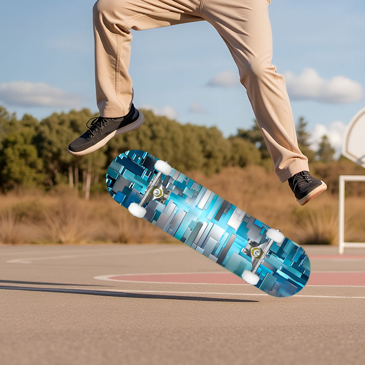 Glowing Futuristic Cubic Tunnel Metallic Tiles Bright Light 31" x 8" Complete Skateboard, 7-Ply Canadian Maple Double Kick Trick Board for Kids and Beginners Adult Gifts