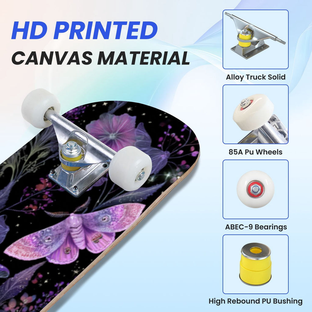 31"x8" Complete Skateboards for Beginners,Whimsical Blue Butterflies Green Foliage Dark Night Fantasy Double Kick 7 Ply Canadian Maple Deck Skateboard with Wheels, Gifts for Kids Teens