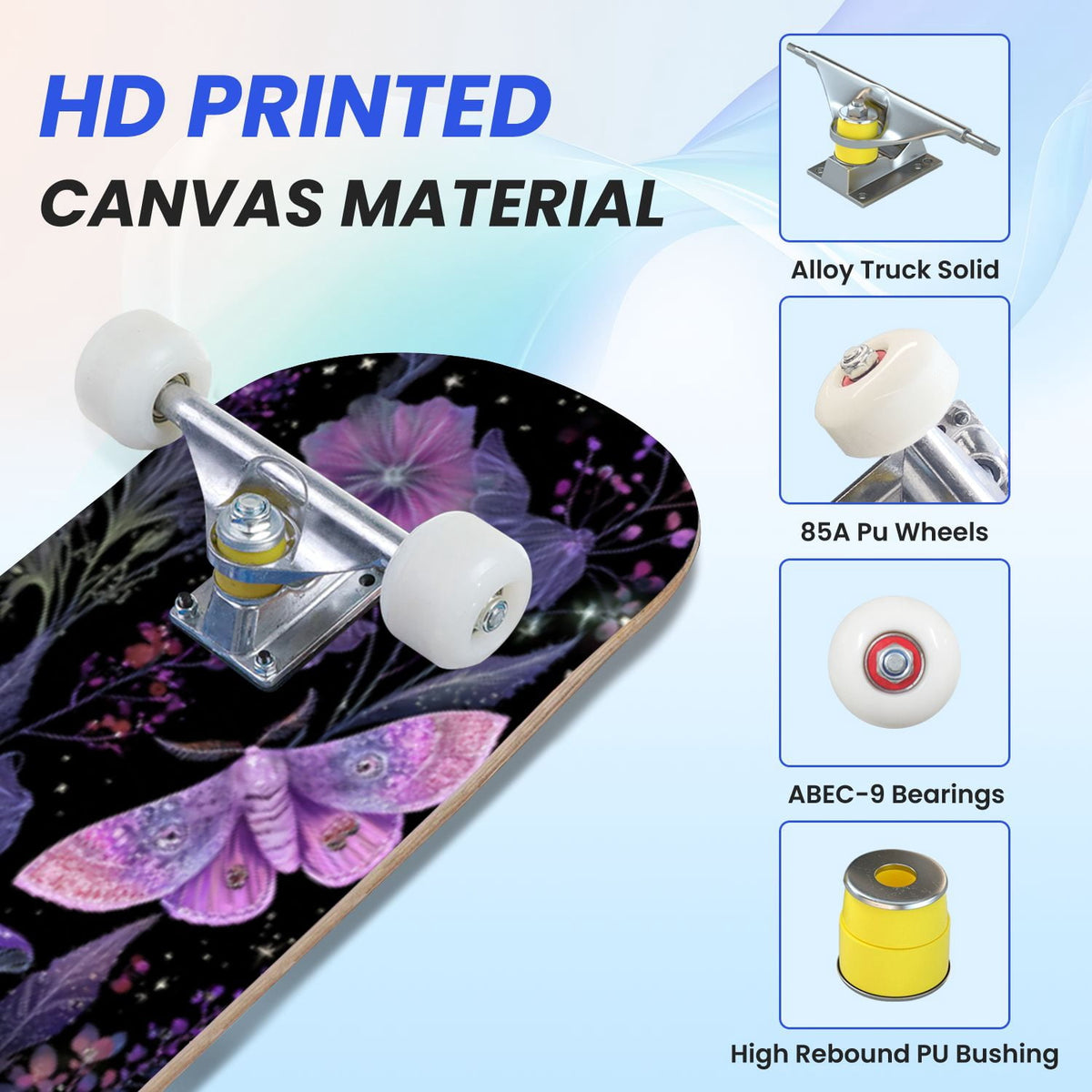 31"x8" Complete Skateboards for Beginners,Whimsical Blue Butterflies Green Foliage Dark Night Fantasy Double Kick 7 Ply Canadian Maple Deck Skateboard with Wheels, Gifts for Kids Teens