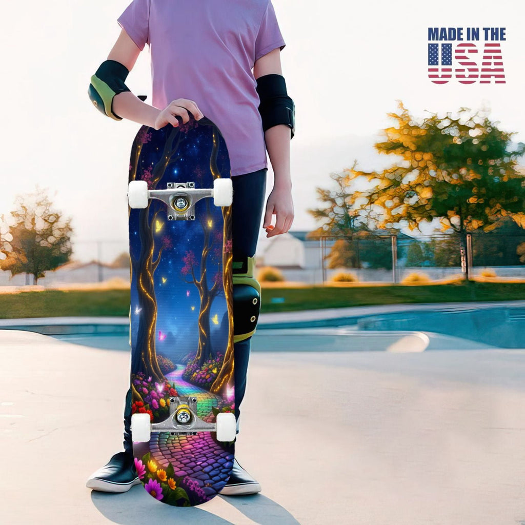 31"x8" Complete Skateboards for Beginners, Magical Forest Glowing Mushrooms Twinkling Fantasy Double Kick 7 Ply Canadian Maple Deck Skateboard with Wheels, Gifts for Kids Teens