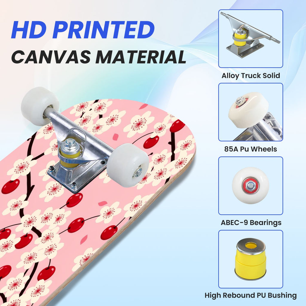 31"x8" Complete Skateboards for Beginners, Cherry Blossom Red Cherry Seamless Pink Botanical Double Kick 7 Ply Canadian Maple Deck Skateboard with Wheels, Gifts for Girls Teens