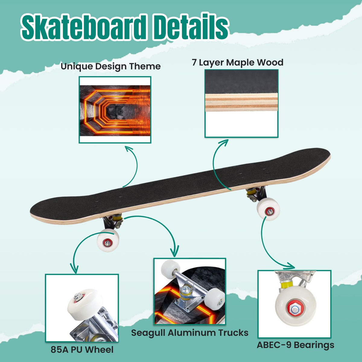 Futuristic Glowing Orange Neon Lines Dark Metallic Panels 31" x 8" Complete Skateboard, 7-Ply Canadian Maple Double Kick Trick Board for Kids and Beginners Adult Gifts
