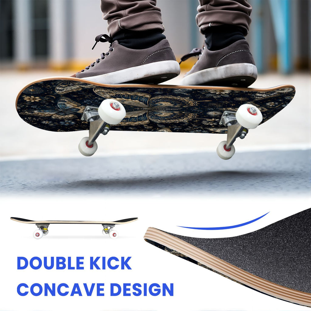 31"x8" Complete Skateboards for Beginners, Butterfly Garden Vintage Botanical Motifs Dark Green Teal Double Kick 7 Ply Canadian Maple Deck Skateboard with Wheels, Gifts for Kids Teens