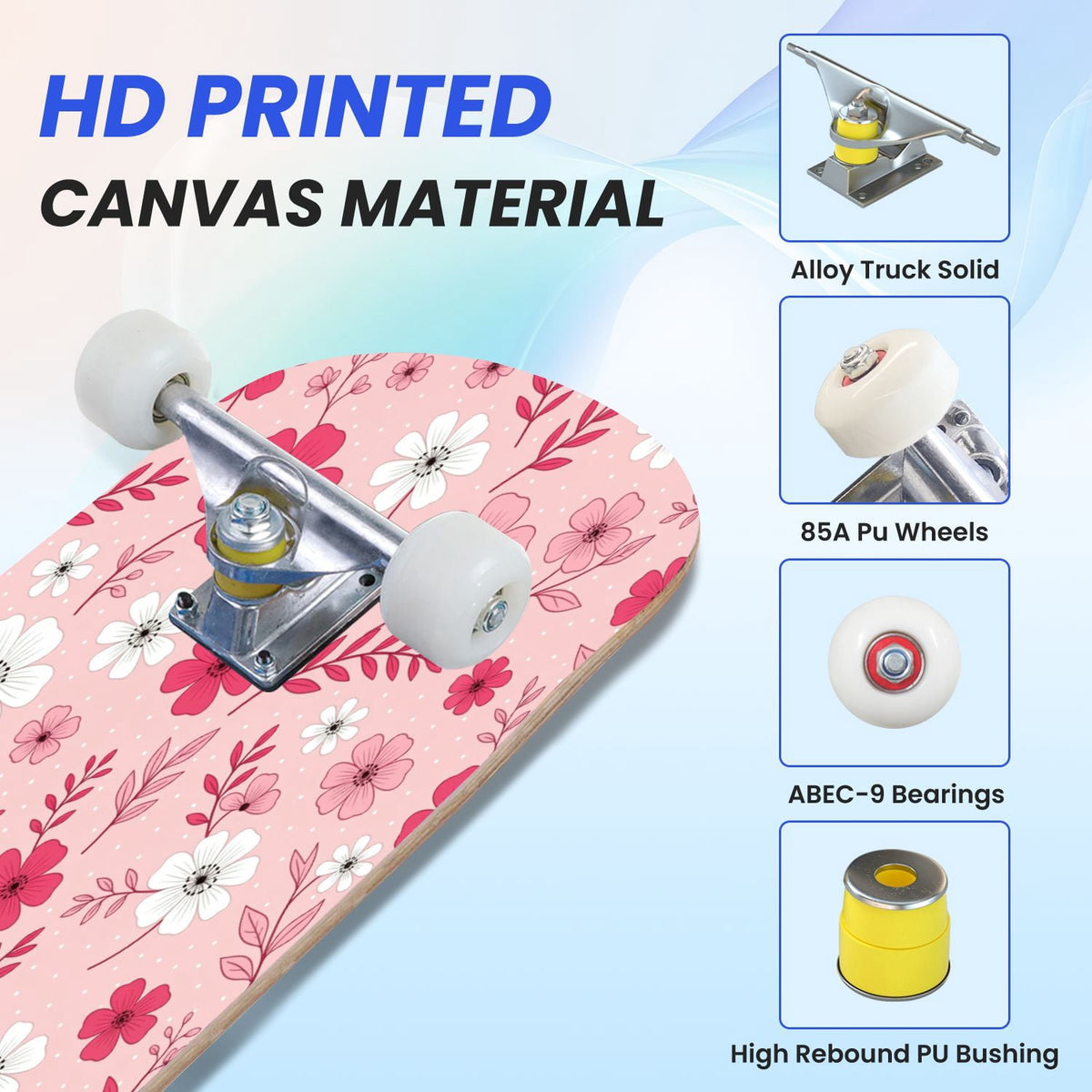 31"x8" Complete Skateboards for Beginners, Pink Floral Striped Delicate Leaves Flowers Botanical Double Kick 7 Ply Canadian Maple Deck Skateboard with Wheels, Gifts for Girls Teens