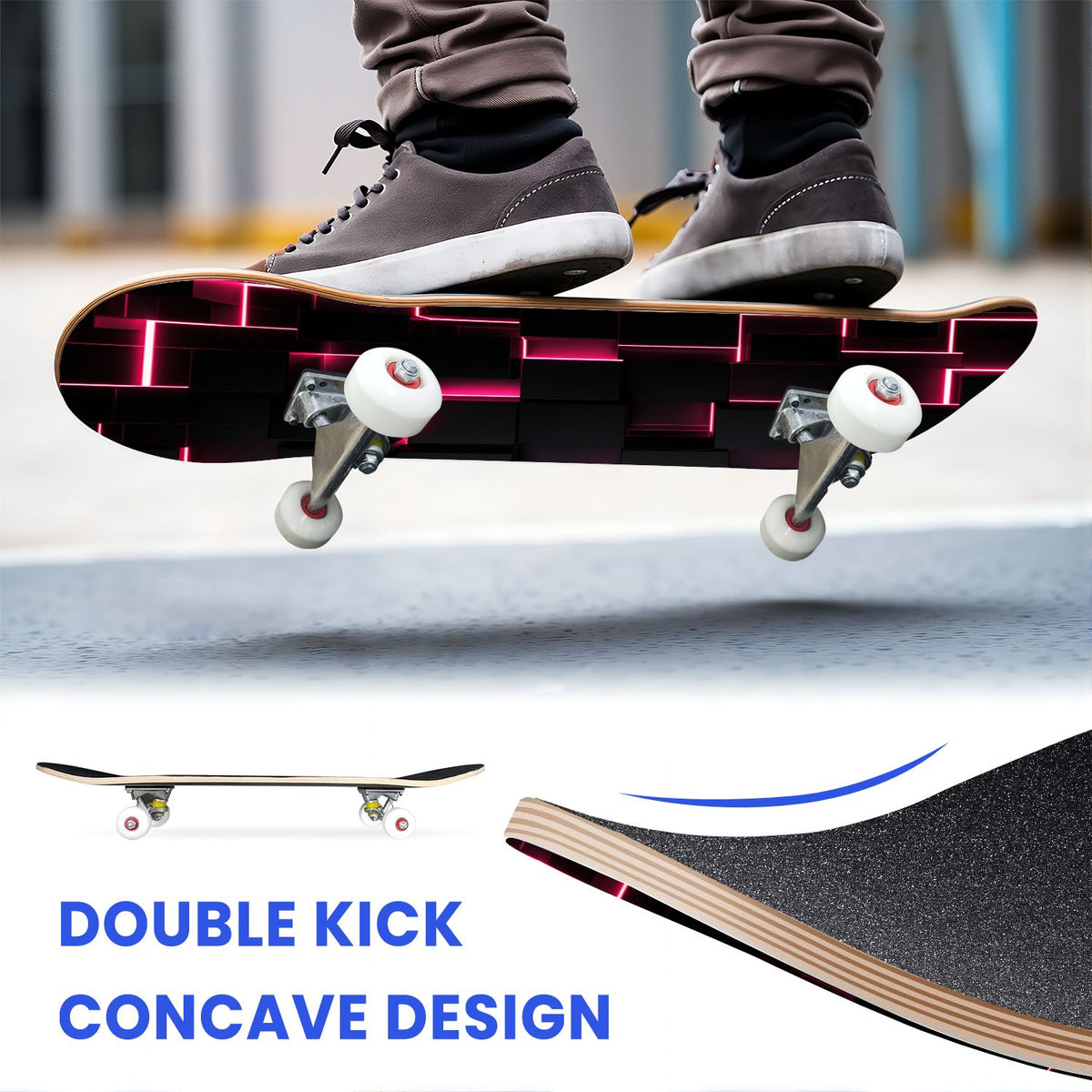 31"x8" Complete Skateboards for Beginners, Honeycomb Futuristic Hexagonal Neon Glowing Orange Light Double Kick 7 Ply Canadian Maple Deck Skateboard with Wheels, Gifts for Kids Teens