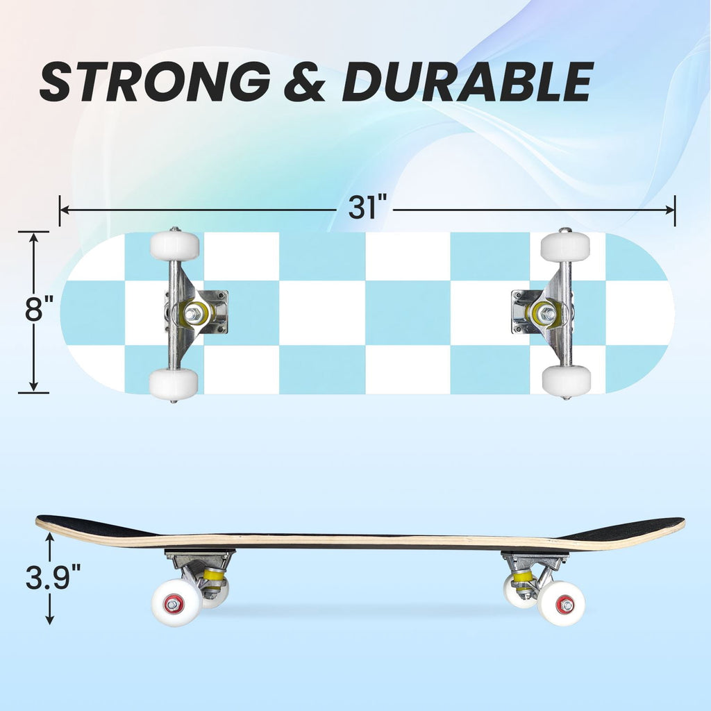 31"x8" Complete Skateboards for Beginners,Pink White Gingham Checkered Subtle Double Kick 7 Ply Canadian Maple Deck Skateboard with Wheels, Gifts for Kids Teens