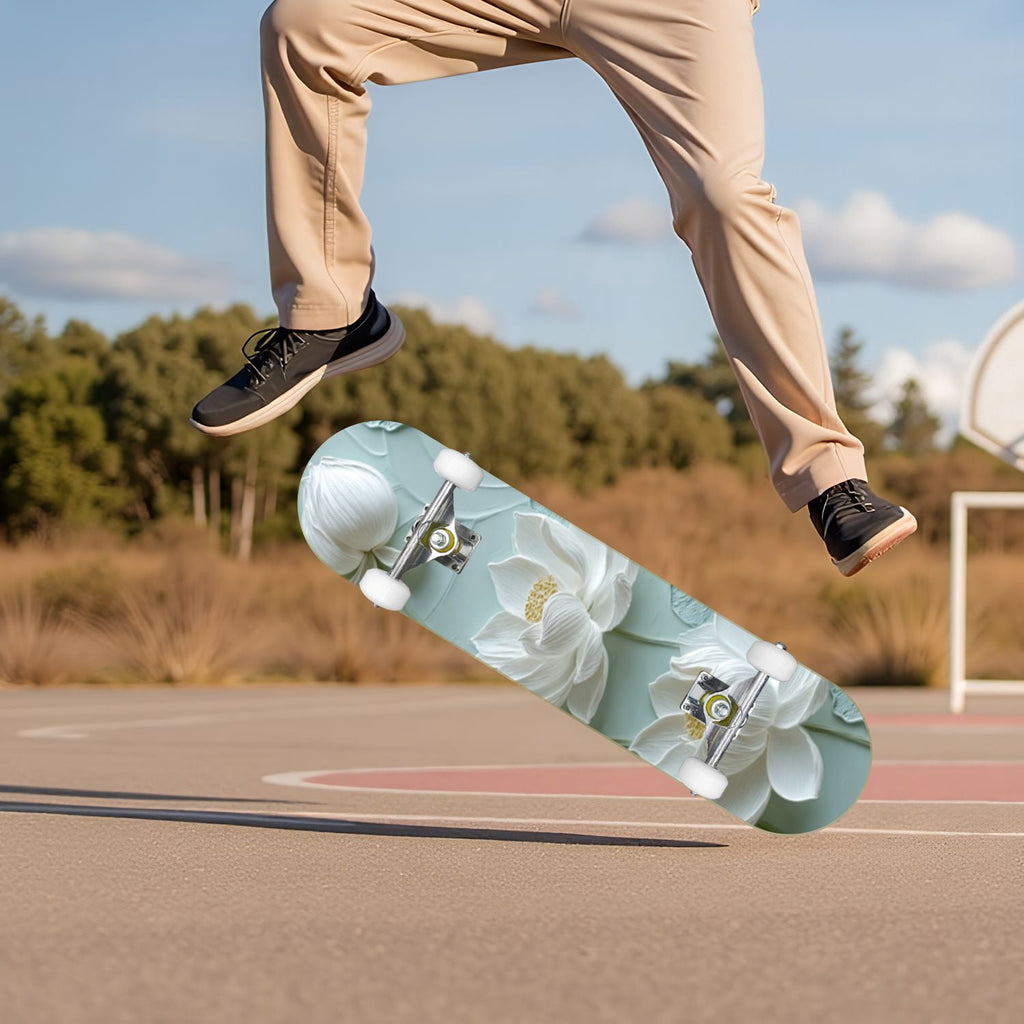Delicate White Lotus Flowers Leaves Soft Blue 31" x 8" Complete Skateboard, 7-Ply Canadian Maple Double Kick Trick Board for Kids and Beginners Adult Gifts
