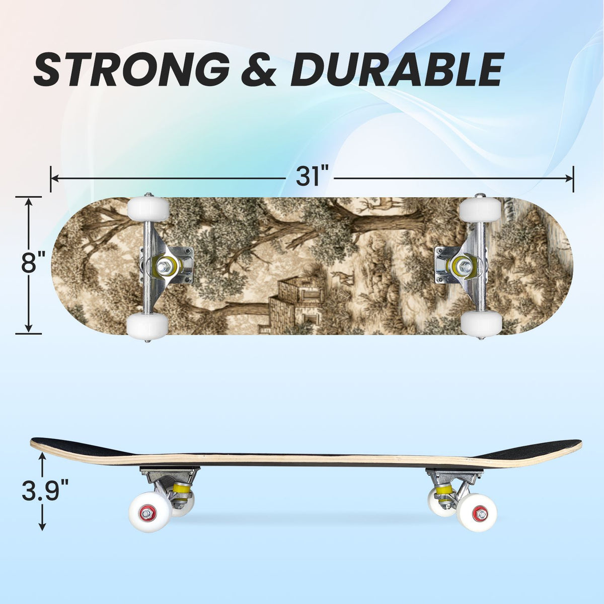 31"x8" Complete Skateboards for Beginners, Vintage Forest Woodland Large Trees Leaves River Cottage Double Kick 7 Ply Canadian Maple Deck Skateboard with Wheels, Gifts for Kids Teens