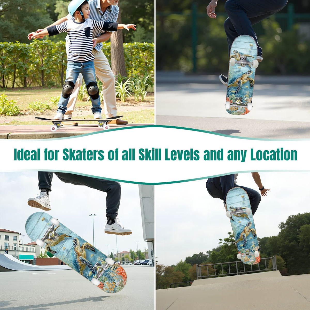 31"x8" Complete Skateboards for Beginners, Turquoise Flowers Teal Daisy Flower Butterfly Blue Romantic Double Kick 7 Ply Canadian Maple Deck Skateboard with Wheels, Gifts for Kids Teens
