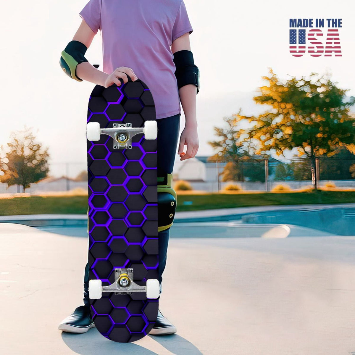 31"x8" Complete Skateboards for Beginners,Geometric Hexagon Glowing Neon Blue Purple Double Kick 7 Ply Canadian Maple Deck Skateboard with Wheels, Gifts for Kids Teens