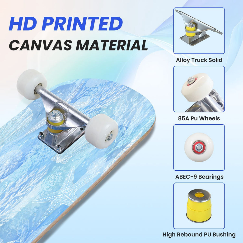31"x8" Complete Skateboards for Beginners,Blue Botanical Leaf White Double Kick 7 Ply Canadian Maple Deck Skateboard with Wheels, Gifts for Kids Teens