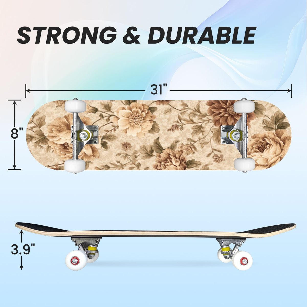 31"x8" Complete Skateboards for Beginners, Vintage Forest Woodland Large Trees Leaves River Cottage Double Kick 7 Ply Canadian Maple Deck Skateboard with Wheels, Gifts for Kids Teens
