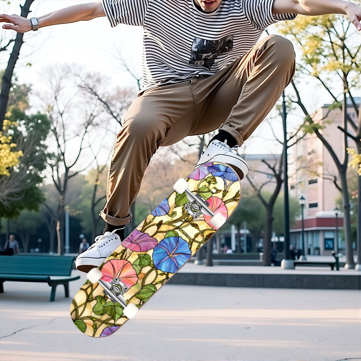31"x8" Complete Skateboards for Beginners,Cartoon Hand Drawn Ice Cream Doodles Seamless Cones Cupcakes Double Kick 7 Ply Canadian Maple Deck Skateboard with Wheels, Gifts for Kids Teens