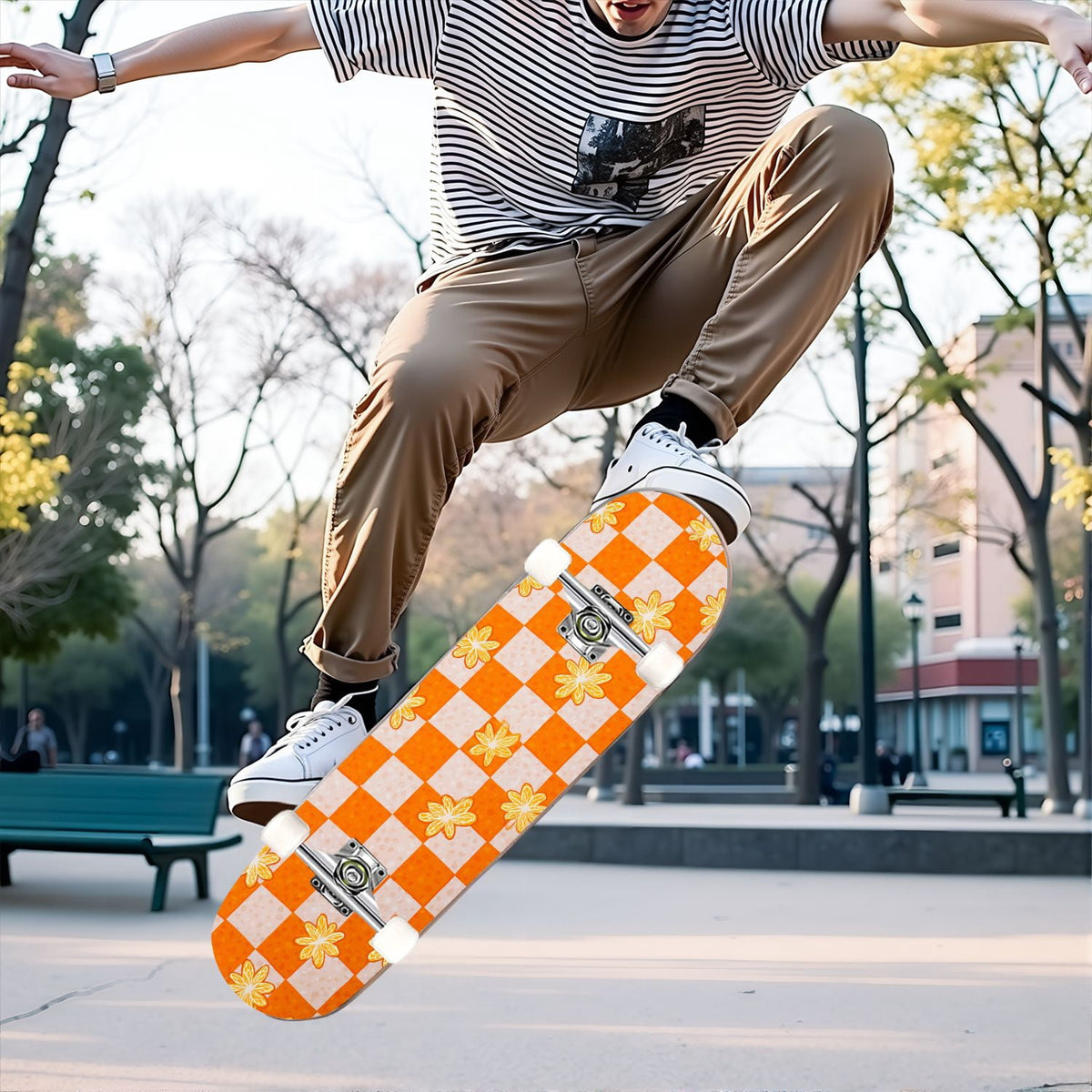 31"x8" Complete Skateboards for Beginners,Light Green White Gingham Checkered Double Kick 7 Ply Canadian Maple Deck Skateboard with Wheels, Gifts for Kids Teens