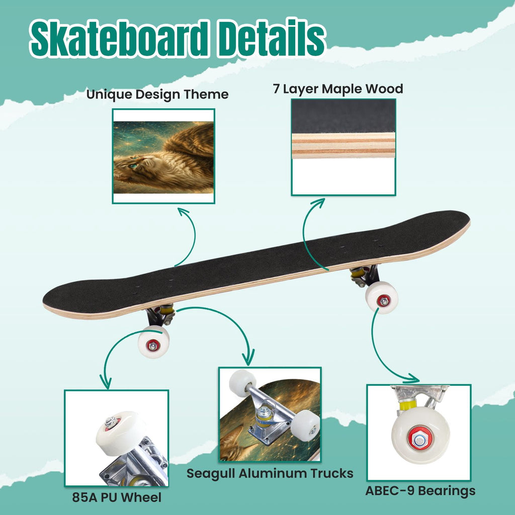 Rose Teal Rose Painting Turquoise Blue Flower Kitchen Decor 31" x 8" Complete Skateboard, 7-Ply Canadian Maple Double Kick Trick Board for Kids and Beginners Adult Gifts