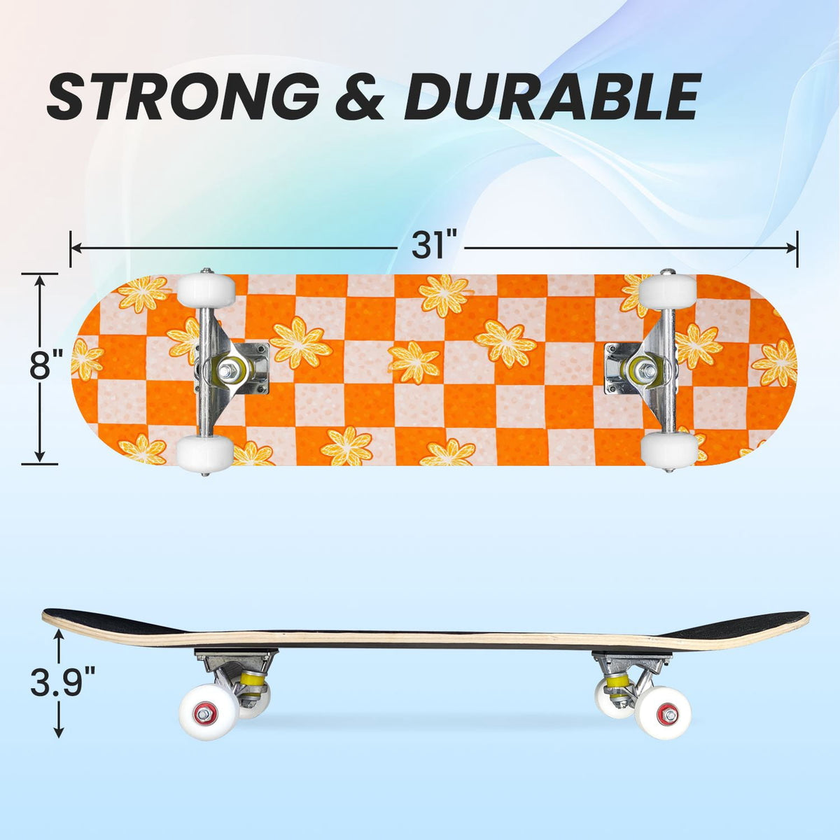 31"x8" Complete Skateboards for Beginners,Light Green White Gingham Checkered Double Kick 7 Ply Canadian Maple Deck Skateboard with Wheels, Gifts for Kids Teens