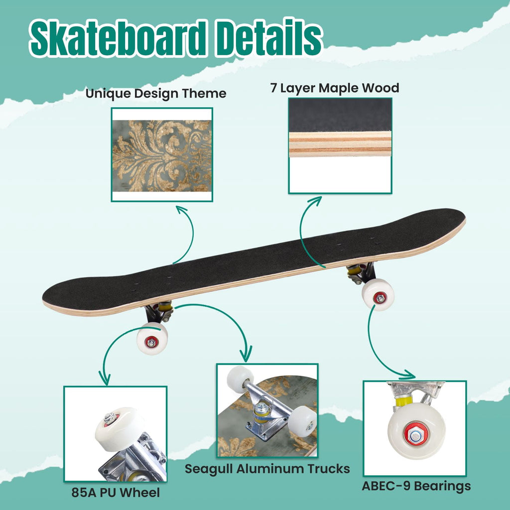 Elegant Purple Damask 31" x 8" Complete Skateboard, 7-Ply Canadian Maple Double Kick Trick Board for Kids and Beginners Adult Gifts