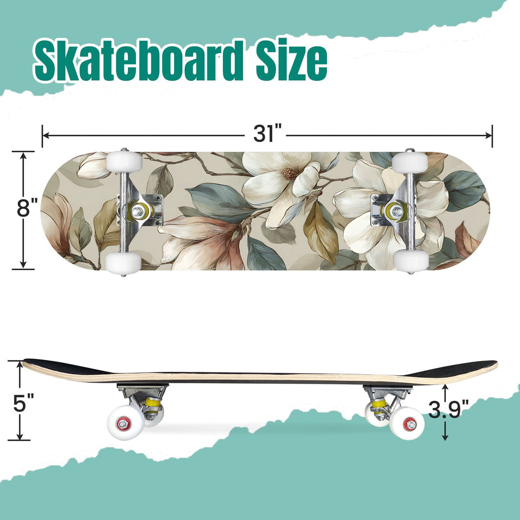 Botanical Embroidery Golden Green Leaves Black 31" x 8" Complete Skateboard, 7-Ply Canadian Maple Double Kick Trick Board for Kids and Beginners Adult Gifts