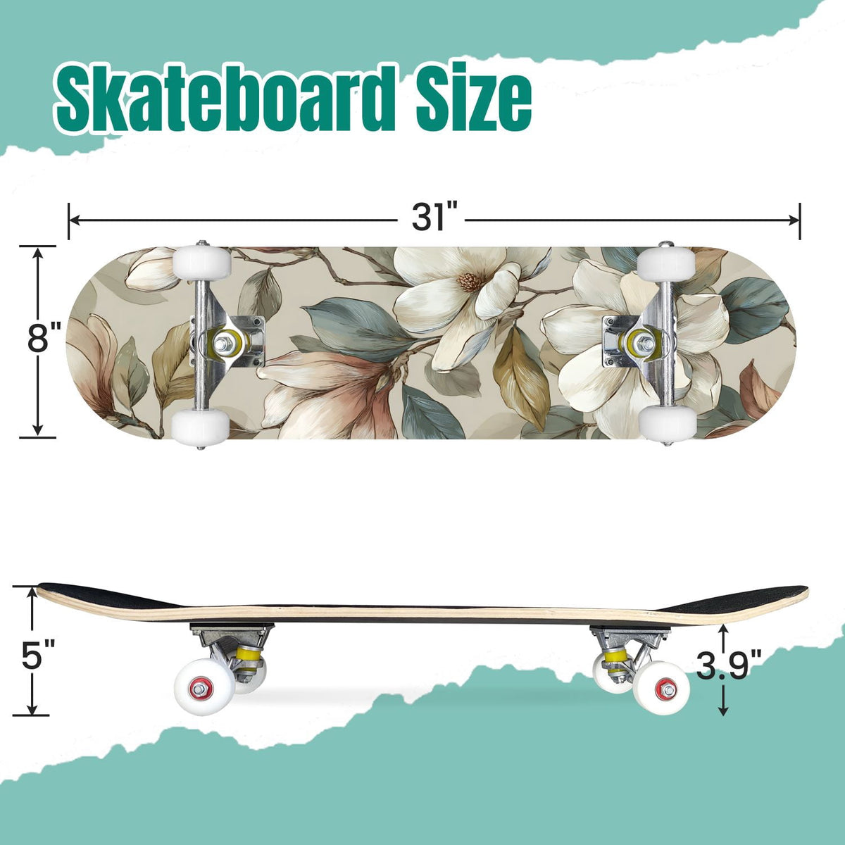 Botanical Embroidery Golden Green Leaves Black 31" x 8" Complete Skateboard, 7-Ply Canadian Maple Double Kick Trick Board for Kids and Beginners Adult Gifts