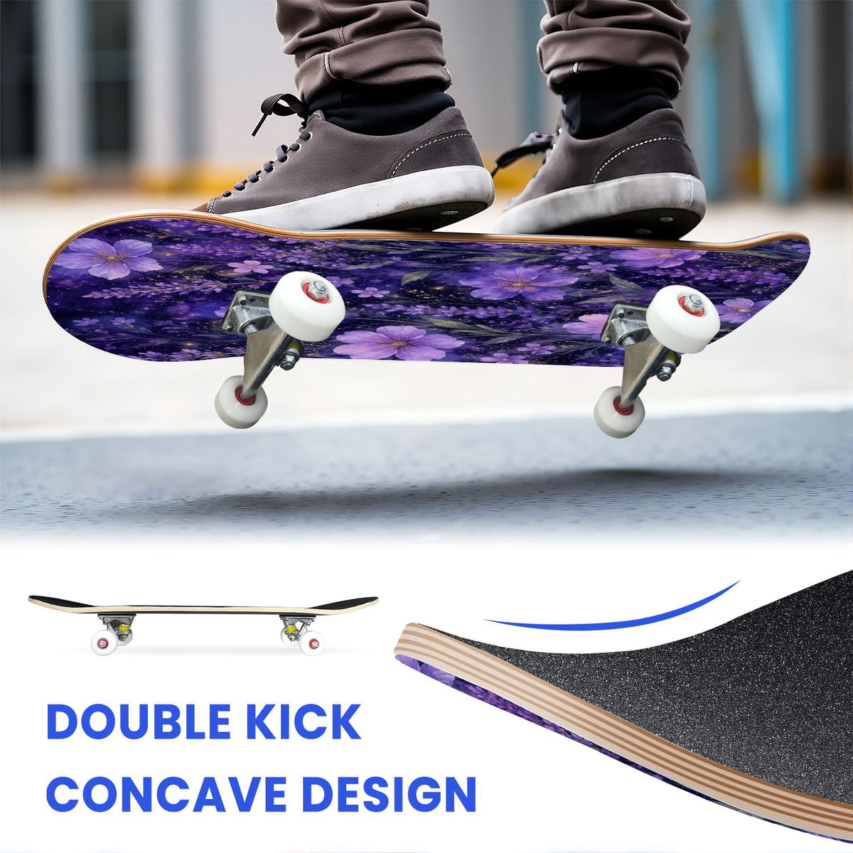 31"x8" Complete Skateboards for Beginners, Purple White Cosmos Flowers Butterflies Watercolor Double Kick 7 Ply Canadian Maple Deck Skateboard with Wheels, Gifts for Kids Teens