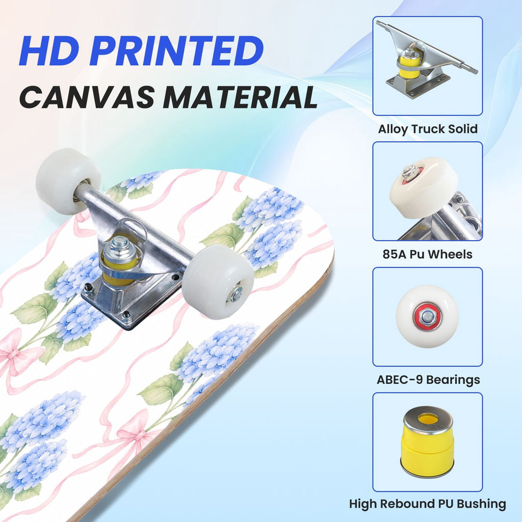 31"x8" Complete Skateboards for Beginners,Elegant White Blue Flowers Soft Petals Dreamy Artistic Double Kick 7 Ply Canadian Maple Deck Skateboard with Wheels, Gifts for Kids Teens