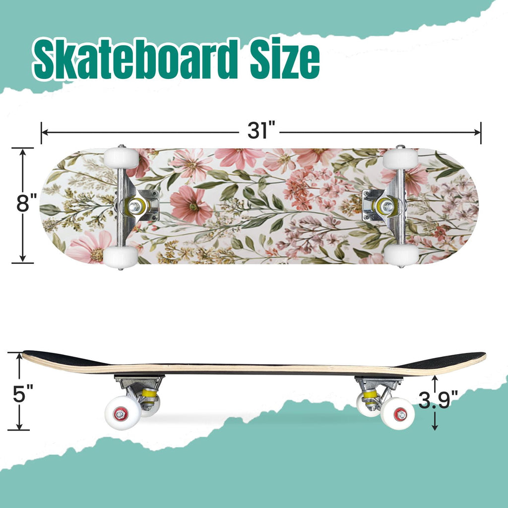Golden Floral Line Art Seamless 31" x 8" Complete Skateboard, 7-Ply Canadian Maple Double Kick Trick Board for Kids and Beginners Adult Gifts