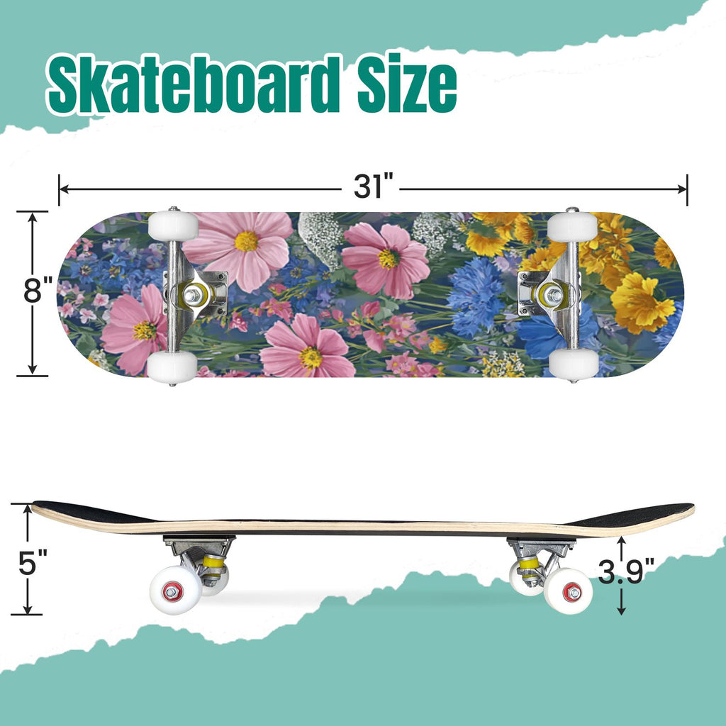 Monstera Leaves Leopard Print Seamless Earth Tones 31" x 8" Complete Skateboard, 7-Ply Canadian Maple Double Kick Trick Board for Kids and Beginners Adult Gifts