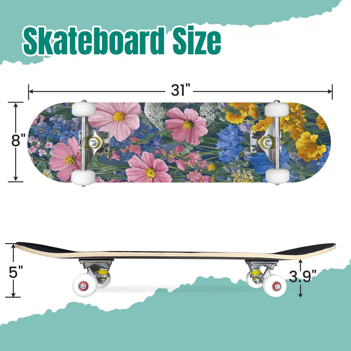Monstera Leaves Leopard Print Seamless Earth Tones 31" x 8" Complete Skateboard, 7-Ply Canadian Maple Double Kick Trick Board for Kids and Beginners Adult Gifts