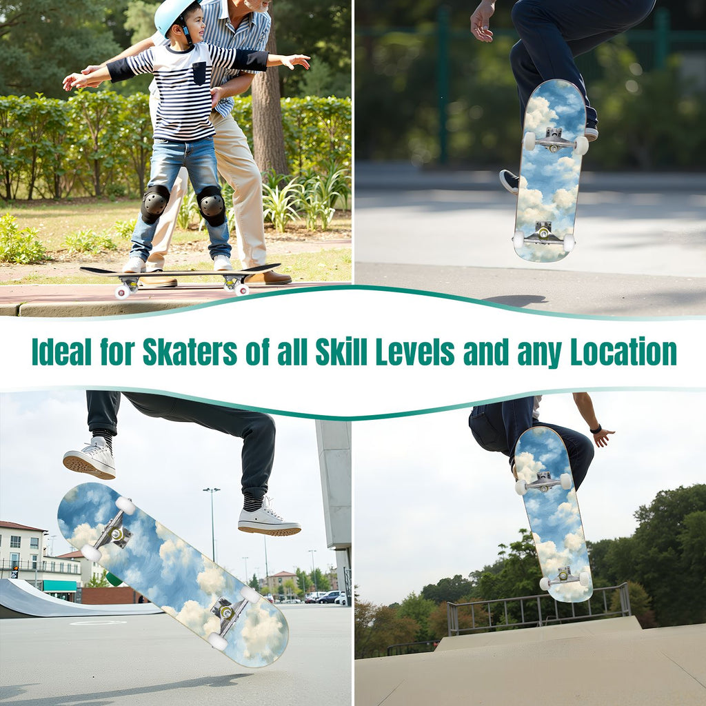 31"x8" Complete Skateboards for Beginners, Pastel Sky Fluffy Clouds Pink Purple Blue Summer Decor Double Kick 7 Ply Canadian Maple Deck Skateboard with Wheels, Gifts for Kids Teens
