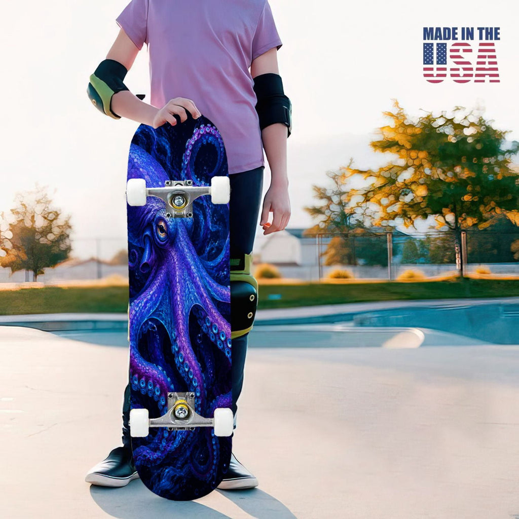 31"x8" Complete Skateboards for Beginners, Colorful Cosmic Octopus Tentacles Starry Marine Life Double Kick 7 Ply Canadian Maple Deck Skateboard with Wheels, Gifts for Kids Teens