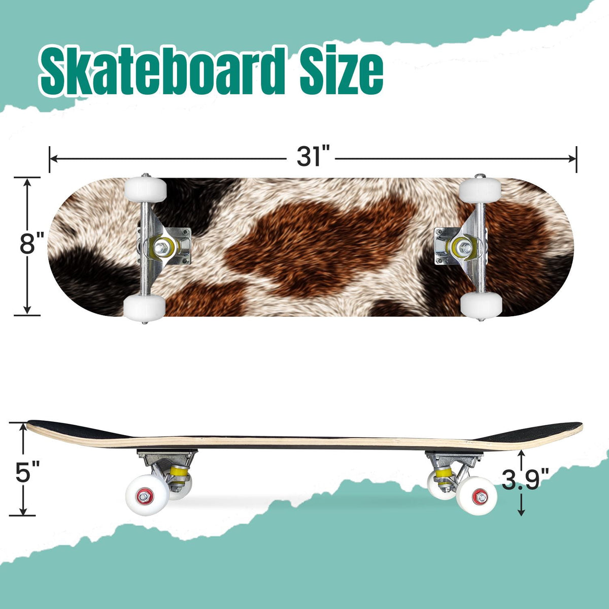 Western Cowboy Horses Desert Landscape 31" x 8" Complete Skateboard, 7-Ply Canadian Maple Double Kick Trick Board for Kids and Beginners Adult Gifts