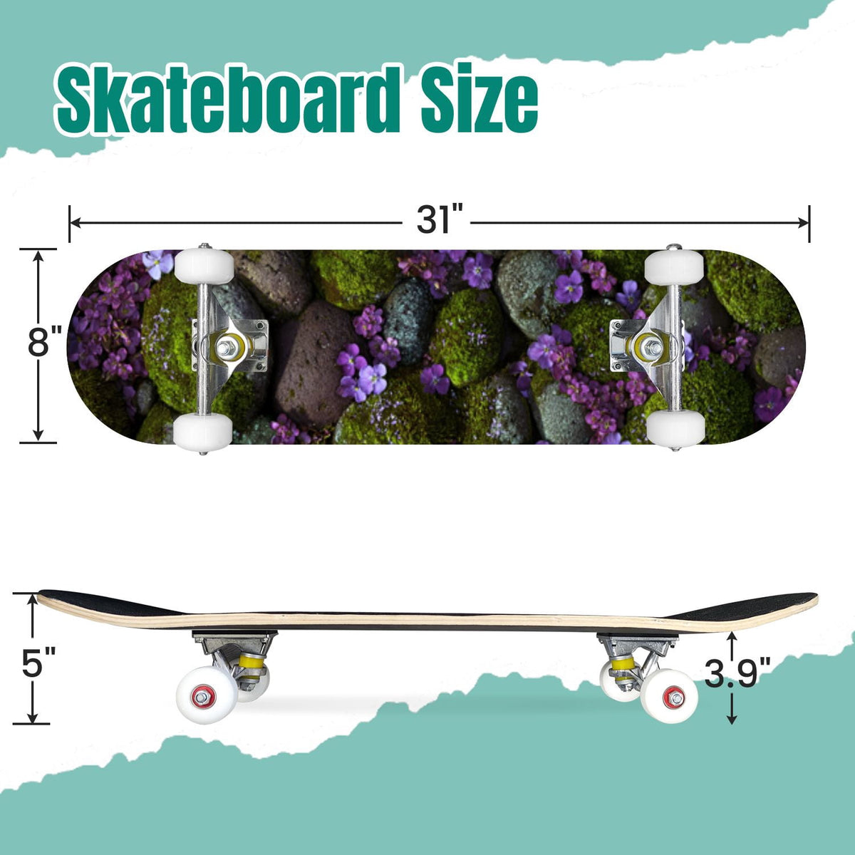 Delicate White Lotus Flowers Leaves Soft Blue 31" x 8" Complete Skateboard, 7-Ply Canadian Maple Double Kick Trick Board for Kids and Beginners Adult Gifts