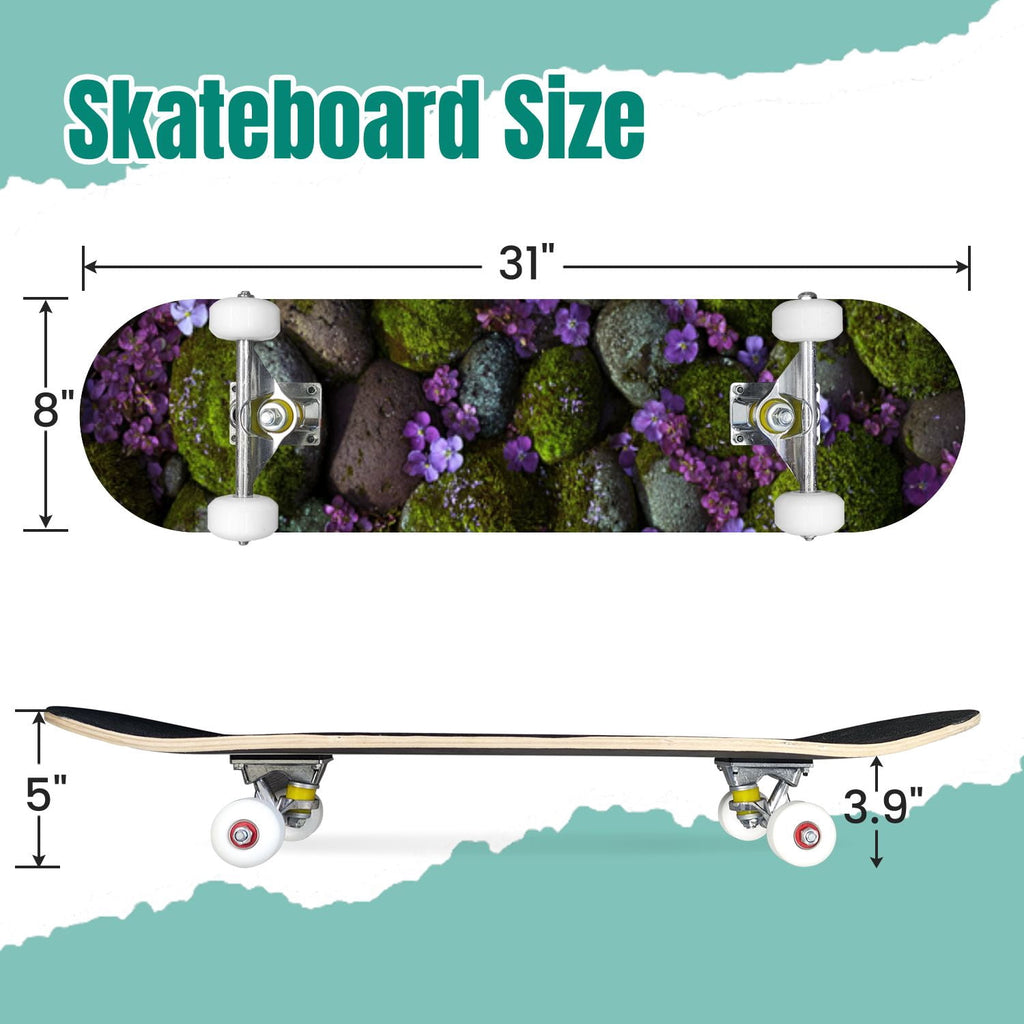 Moss Purple Flowers Rocky Ground 31" x 8" Complete Skateboard, 7-Ply Canadian Maple Double Kick Trick Board for Kids and Beginners Adult Gifts