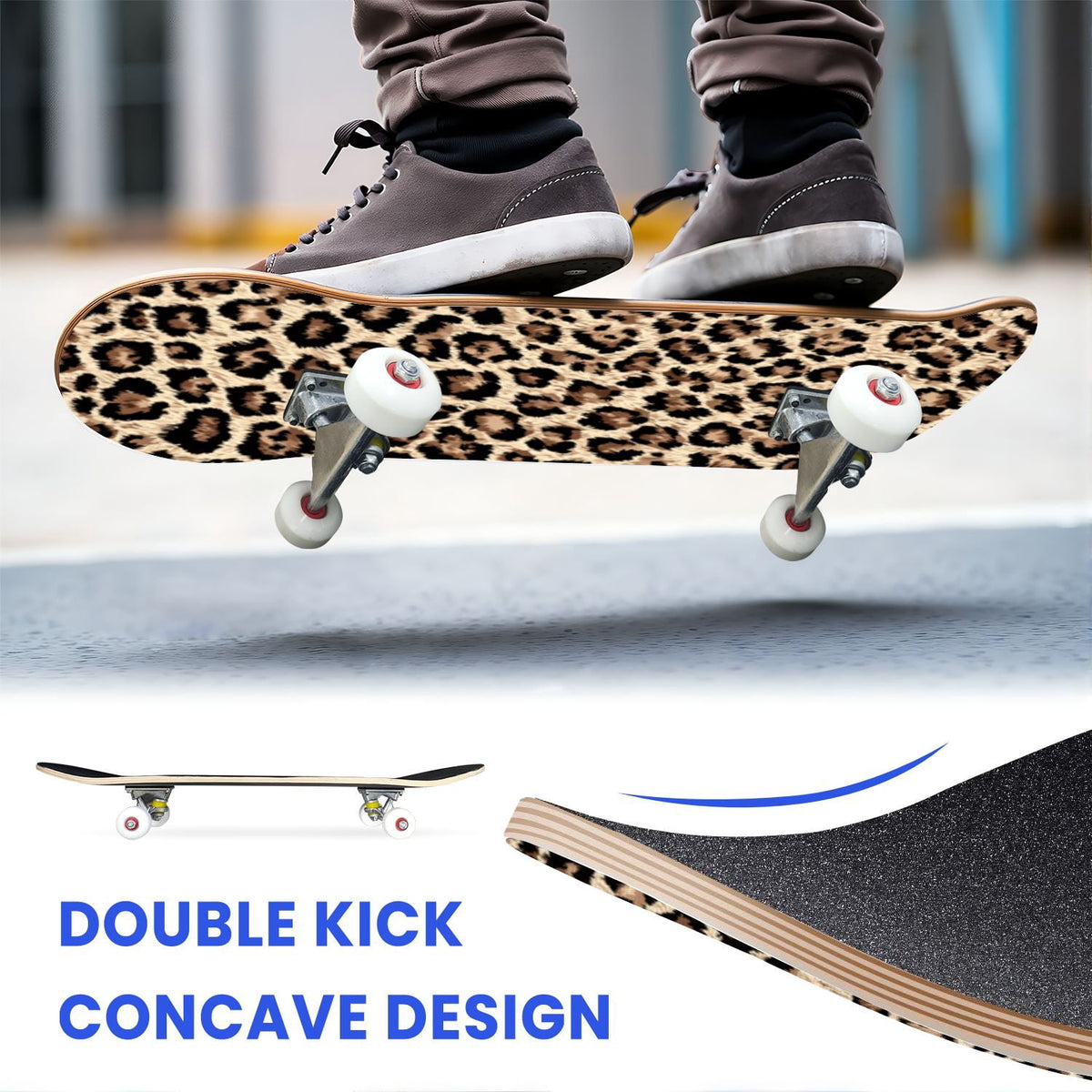 31"x8" Complete Skateboards for Beginners,Black Leopard Print Grey Double Kick 7 Ply Canadian Maple Deck Skateboard with Wheels, Gifts for Kids Teens
