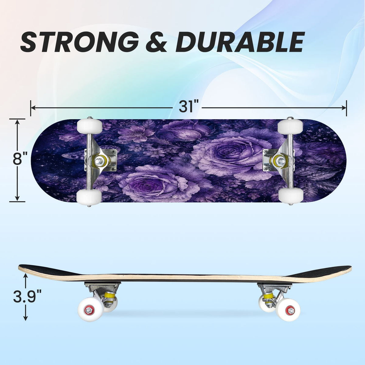 31"x8" Complete Skateboards for Beginners, Mystical Purple Butterfly Glowing Mushrooms Under Full Moon Double Kick 7 Ply Canadian Maple Deck Skateboard with Wheels, Gifts for Kids Teens