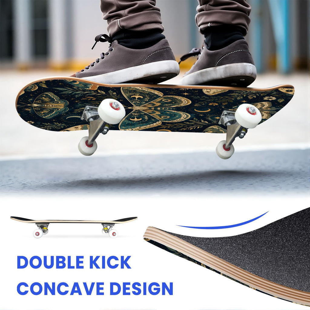 31"x8" Complete Skateboards for Beginners, Colorful Butterfly Blooming Flowers Under Full Moon Starry Double Kick 7 Ply Canadian Maple Deck Skateboard with Wheels, Gifts for Kids Teens