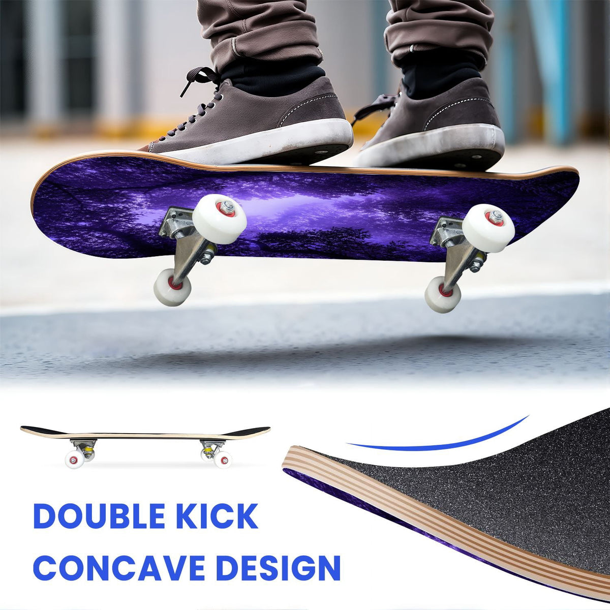 31"x8" Complete Skateboards for Beginners, Colorful Mushroom Floral Magical Night Forest Vintage Double Kick 7 Ply Canadian Maple Deck Skateboard with Wheels, Gifts for Kids Teens