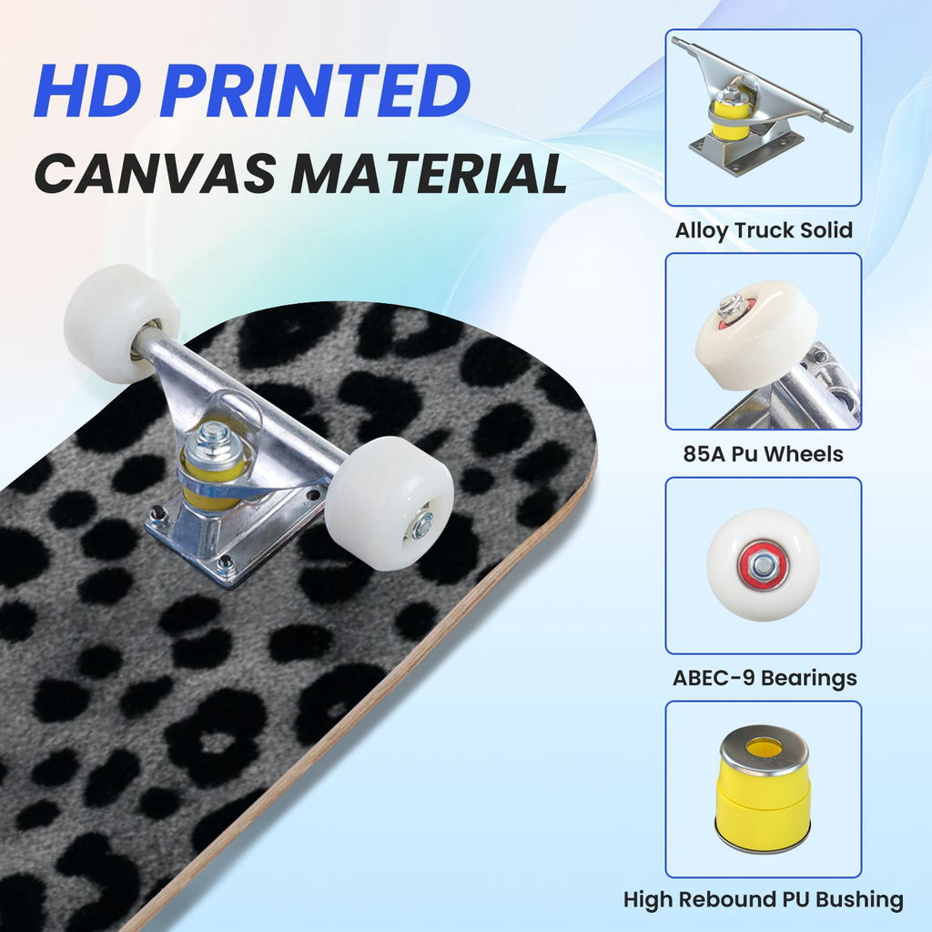31"x8" Complete Skateboards for Beginners,Black Leopard Print Grey Double Kick 7 Ply Canadian Maple Deck Skateboard with Wheels, Gifts for Kids Teens